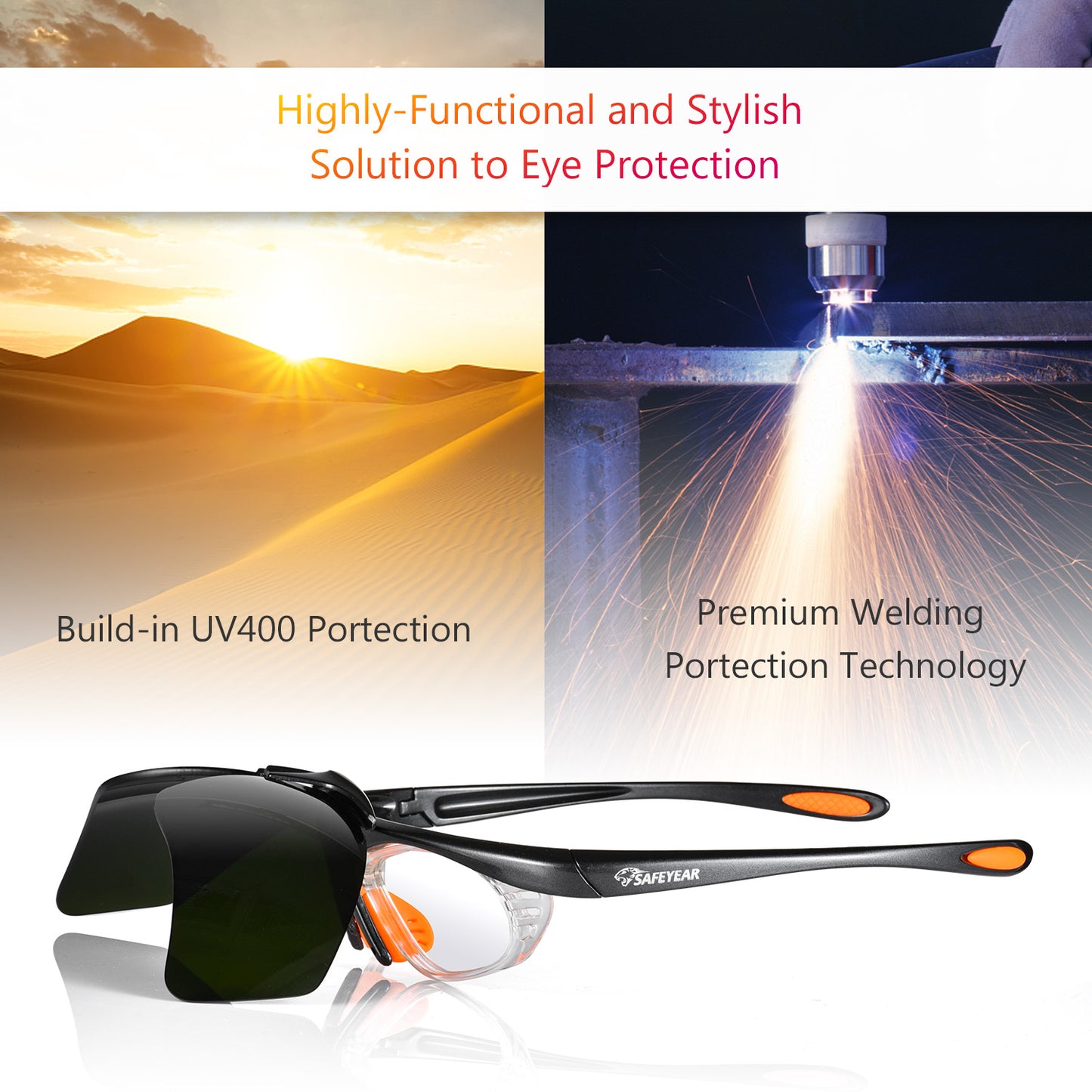 SAFEYEAR Welding Safety Work Glasses【ANSI Z87.1】Anti Scratch Dark Lenses UV400 Protection Flip Cover Design