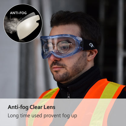 SAFEYEAR Anti Fog Safety Goggles Blue【ANSI Z87 Approved】 HD Scratch Resistant Safety Glasses for Men and Women, VU Protection Over Glasses Work Goggles
