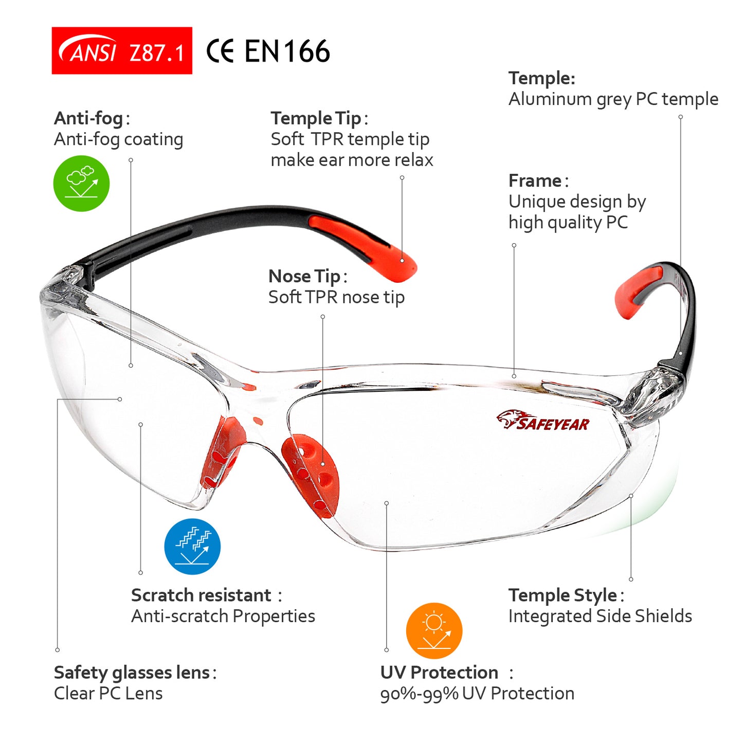 SAFEYEAR Anti Scratch Safety Glasses- SG003 HD Anti Fog Work Glasses for Women and Men Adults No-Slip Grips, VU Protection Safety Goggles for DIY, Chemistry Lab, Welding, Grinding,Garden